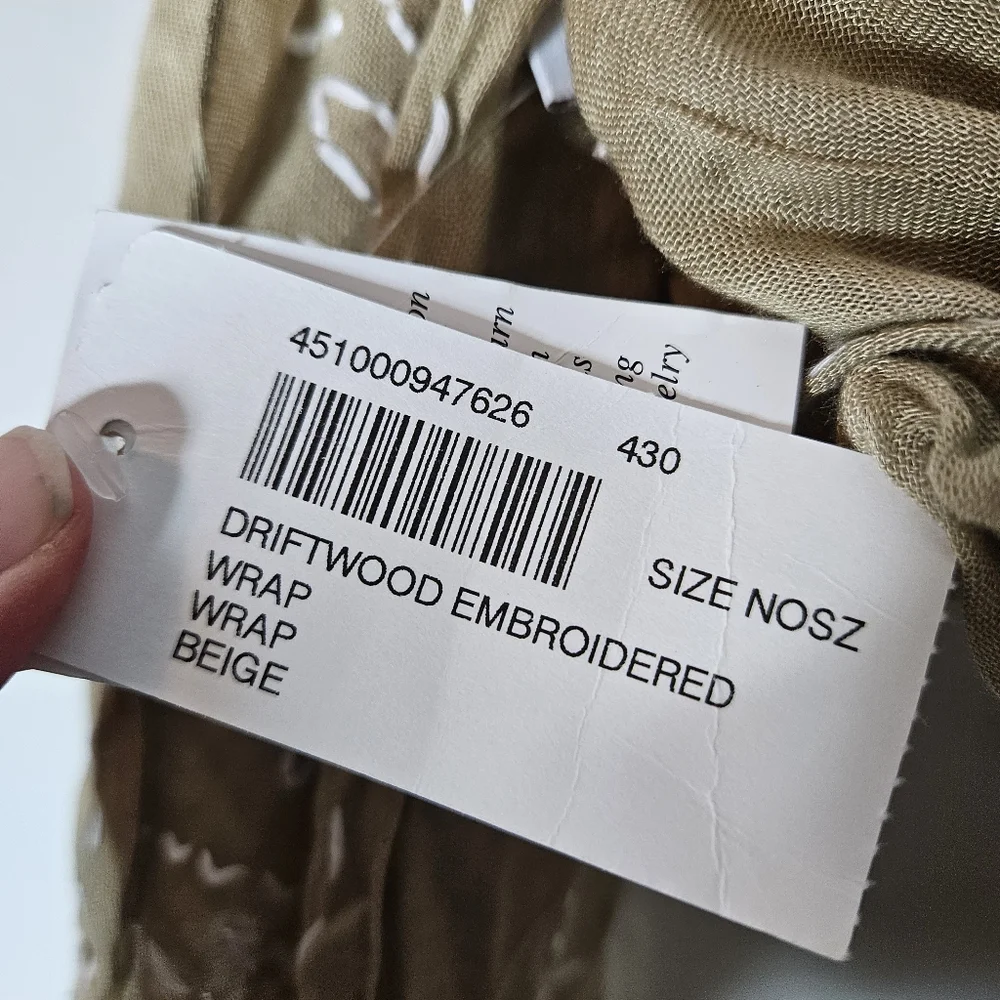 Chicos Driftwood Beige White Embroidered Scarf Wrap NWT